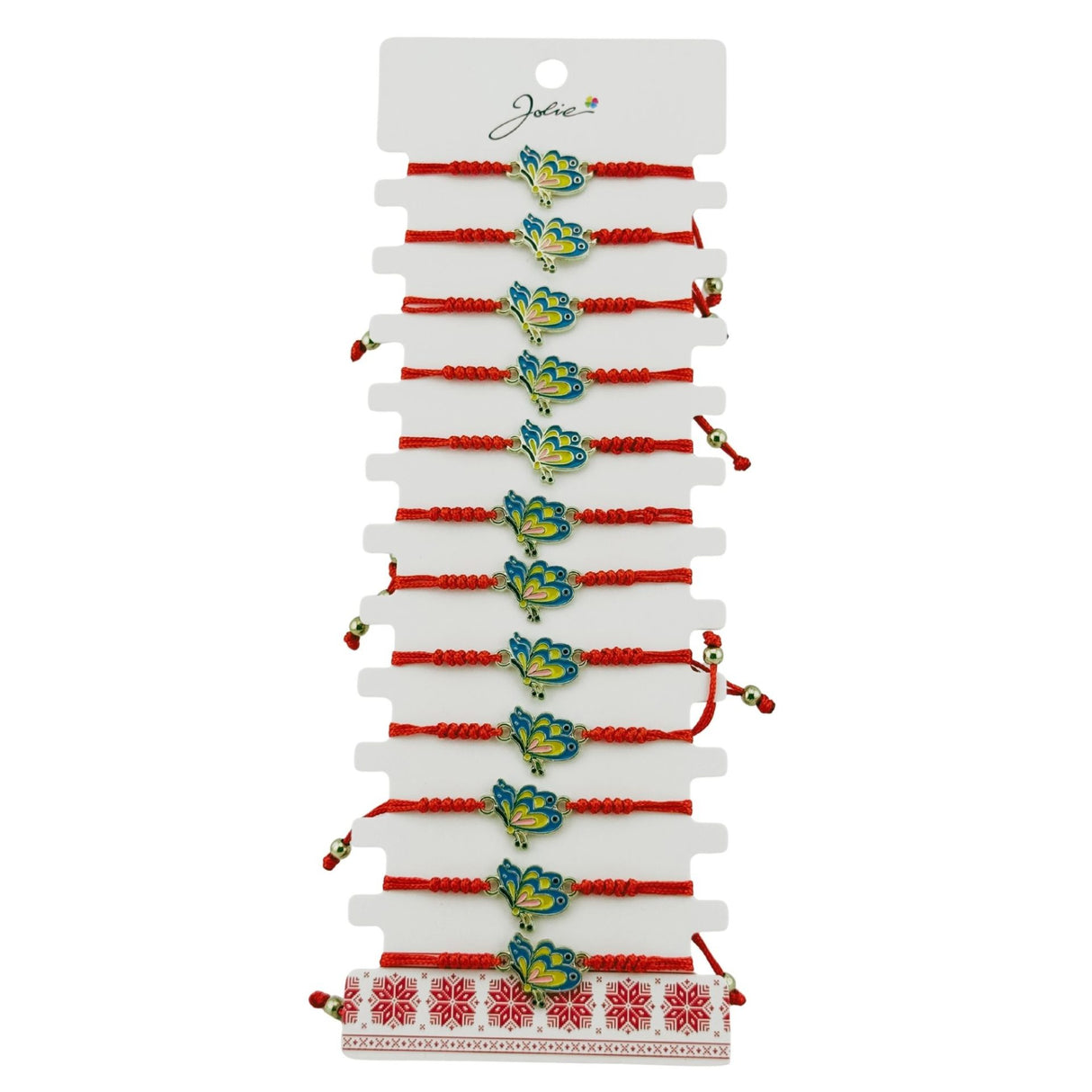 Martisor Bratara pentru Dama si Copii, Jolie, Model Fluture Albastru cu Galben, Set 12 bucati, Pandantiv Emailat, Snur Reglabil, Rosu - vivimall.ro