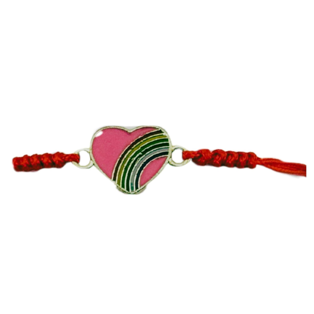 Martisor Bratara pentru Dama si Copii, Jolie, Model Inima cu Curcubeu Roz, Set 12 bucati, Pandantiv Emailat, Snur Reglabil, Rosu - vivimall.ro