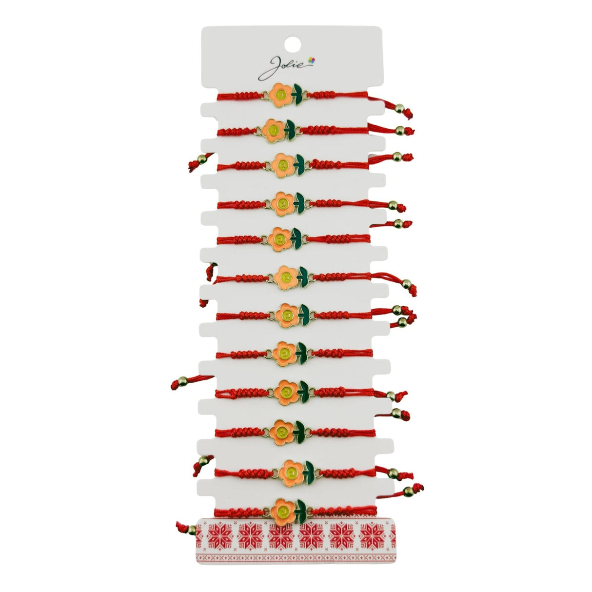 Martisor Bratara pentru Dama si Copii, Jolie, Model Floricica Zambitoare, Set 12 bucati, Pandantiv Emailat, Snur Reglabil, Rosu/Portocaliu - vivimall.ro