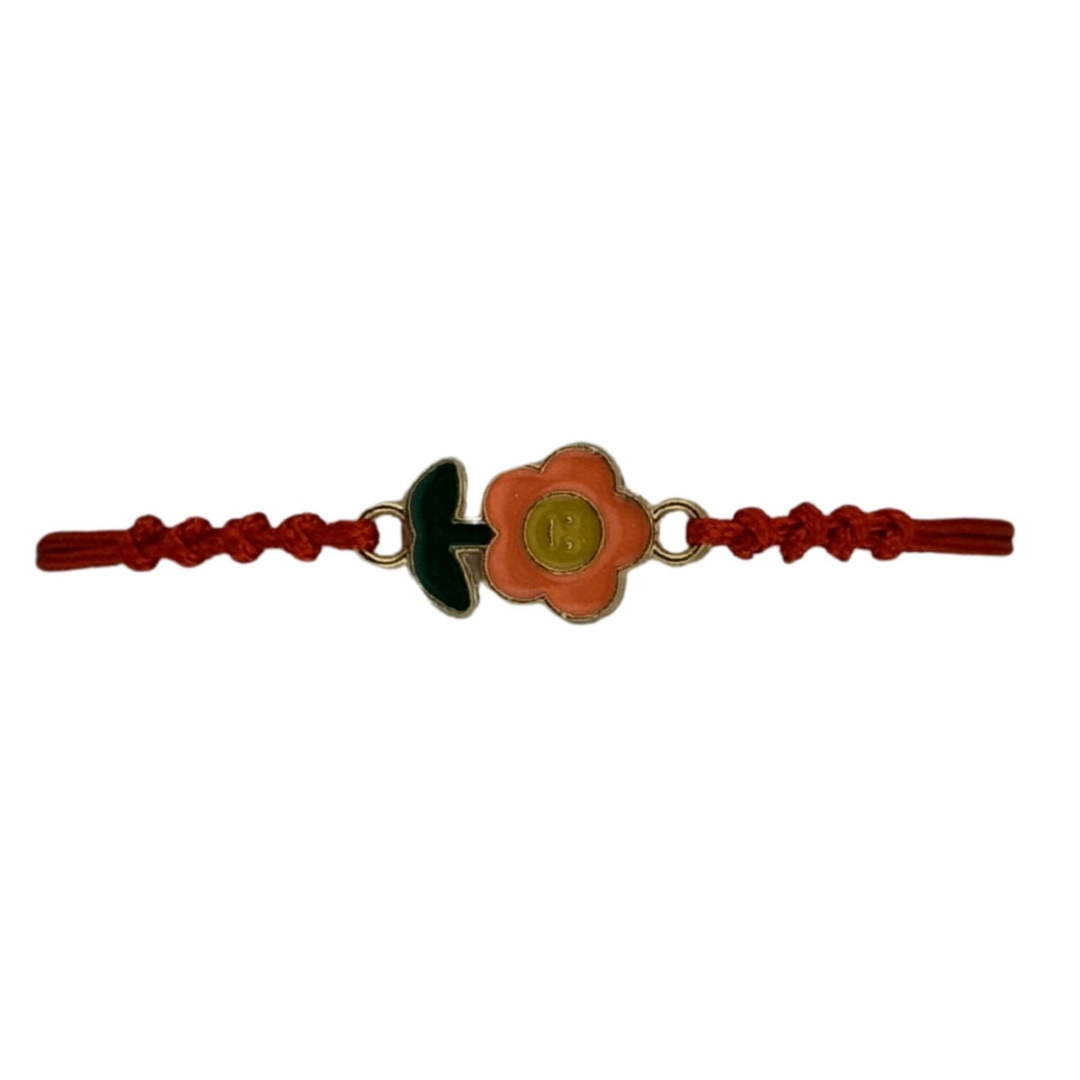 Martisor Bratara pentru Dama si Copii, Jolie, Model Floricica Zambitoare, Set 12 bucati, Pandantiv Emailat, Snur Reglabil, Rosu/Portocaliu - vivimall.ro