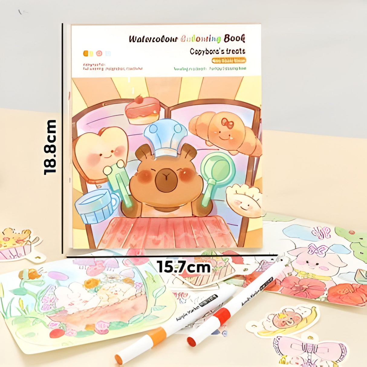 Set Carte de Colorat cu Acuarela, Flippy, Model Capibara, 20 Foi de Carton 200 gr, 12 Culori, 1 Pensula, 15.7 x 18.8 x 1.8 cm, Maro