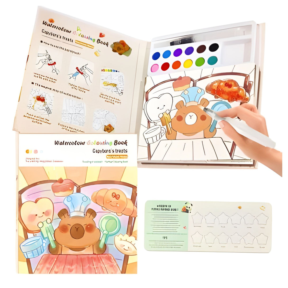 Set Carte de Colorat cu Acuarela, Flippy, Model Capibara, 20 Foi de Carton 200 gr, 12 Culori, 1 Pensula, 15.7 x 18.8 x 1.8 cm, Maro