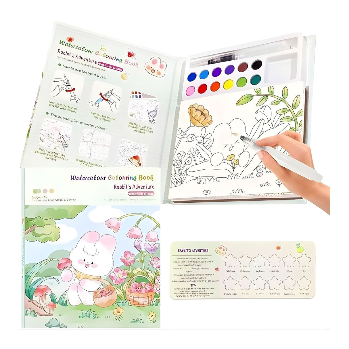 Set Carte de Colorat cu Acuarela, Flippy, Model Iepure, 20 Foi de Carton 200 gr, 12 Culori, 1 Pensula, 15.7 x 18.8 x 1.8 cm, Alb