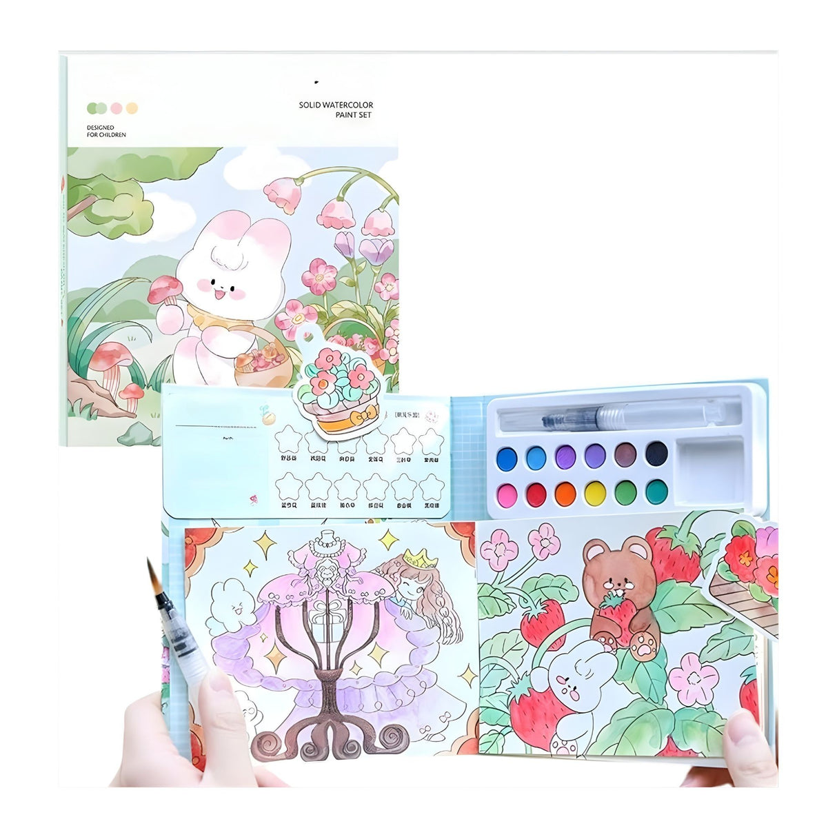 Set Carte de Colorat cu Acuarela, Flippy, Model Iepure, 20 Foi de Carton 200 gr, 12 Culori, 1 Pensula, 15.7 x 18.8 x 1.8 cm, Alb