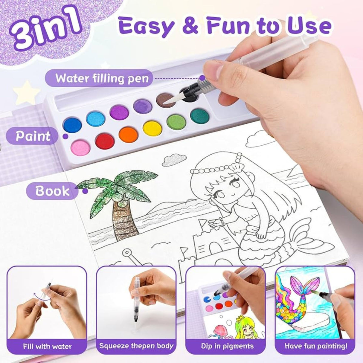 Set Carte de Colorat cu Acuarela, Flippy, Model Sirena, 20 Foi de Carton 200 gr, 12 Culori, 1 Pensula, 15.7 x 18.8 x 1.8 cm, Roz