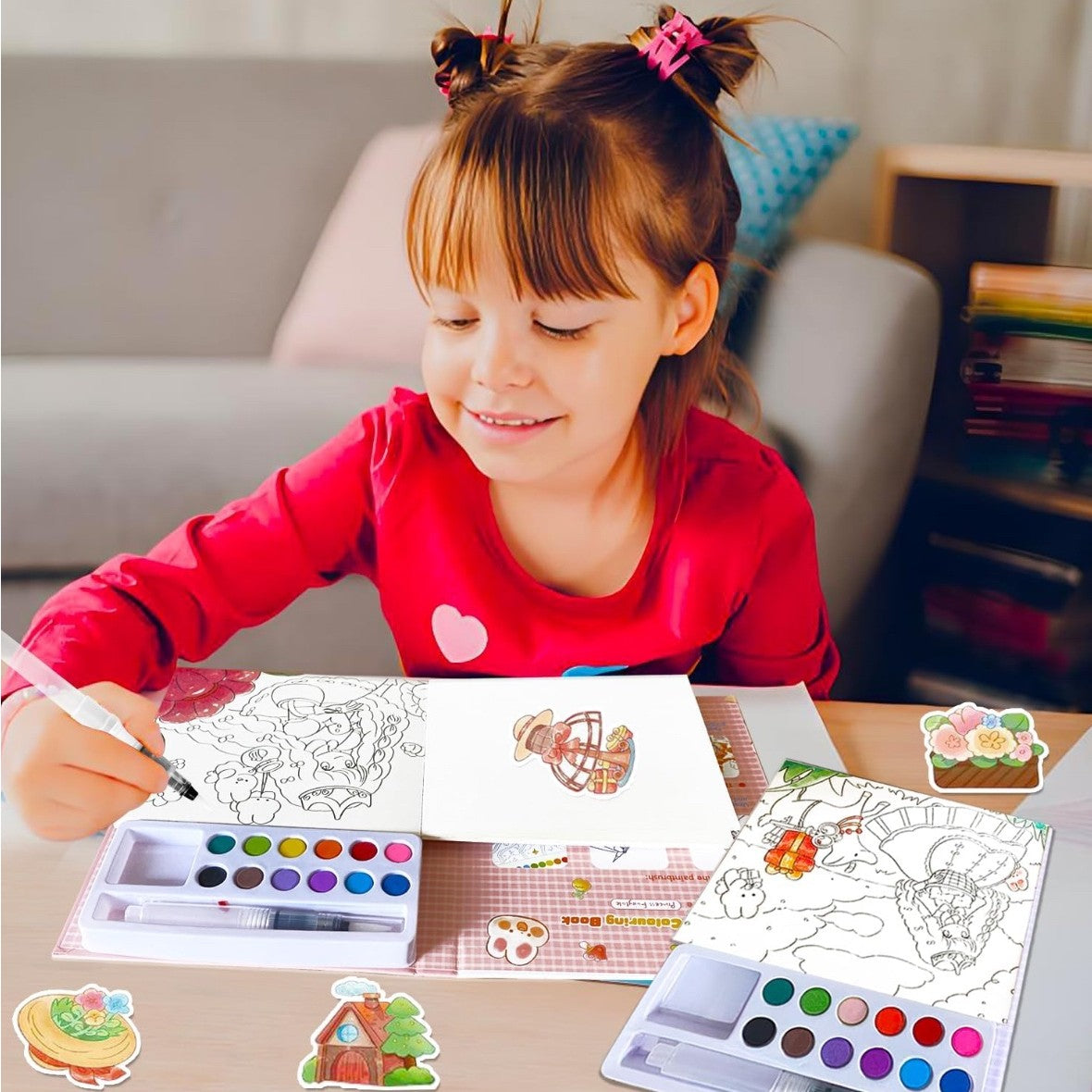 Set Carte de Colorat cu Acuarela, Flippy, Model Balena, 20 Foi de Carton 200 gr, 12 Culori, 1 Pensula, 15.7 x 18.8 x 1.8 cm, Albastru