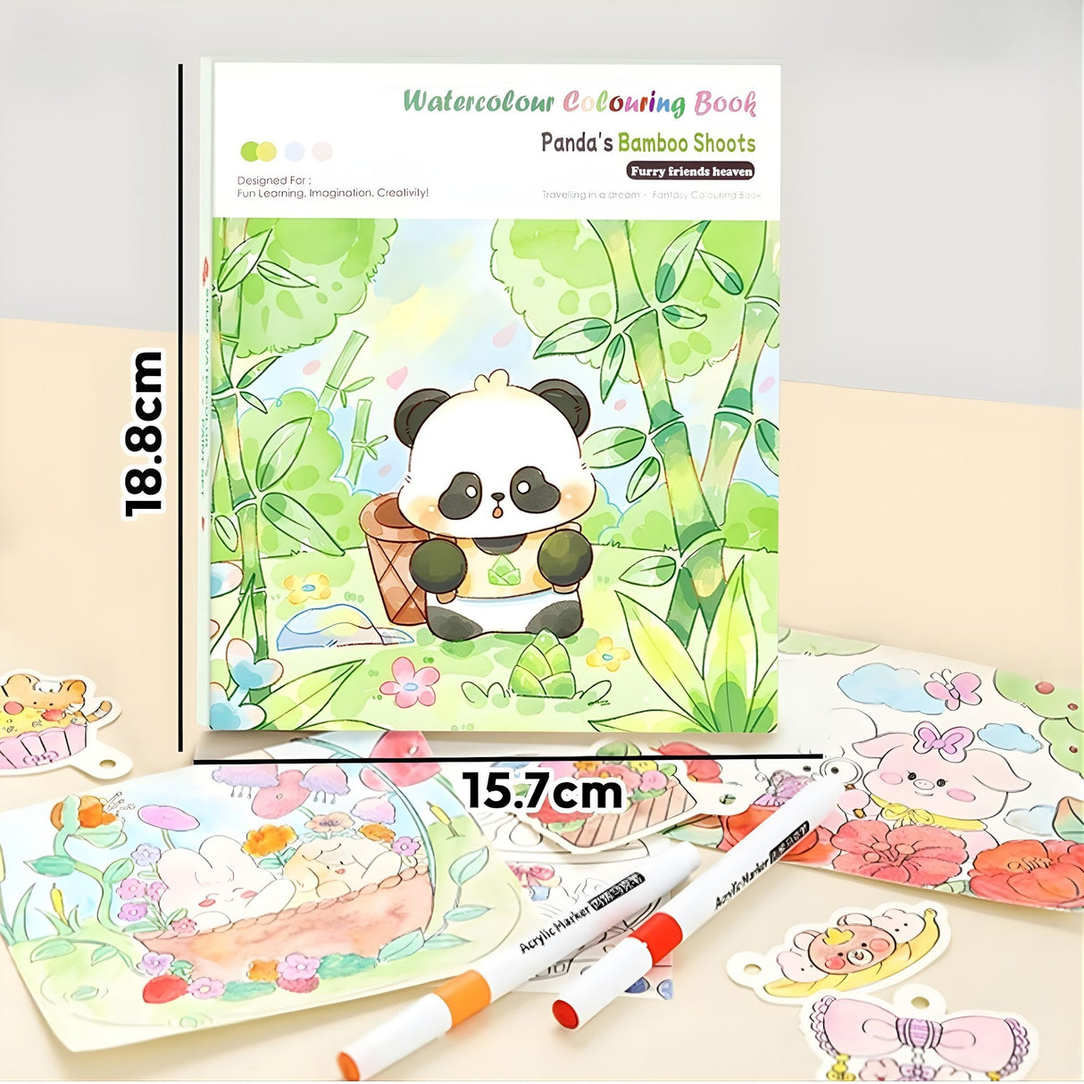 Set Carte de Colorat cu Acuarela, Flippy, Model Panda, 20 Foi de Carton 200 gr, 12 Culori, 1 Pensula, 15.7 x 18.8 x 1.8 cm, Verde