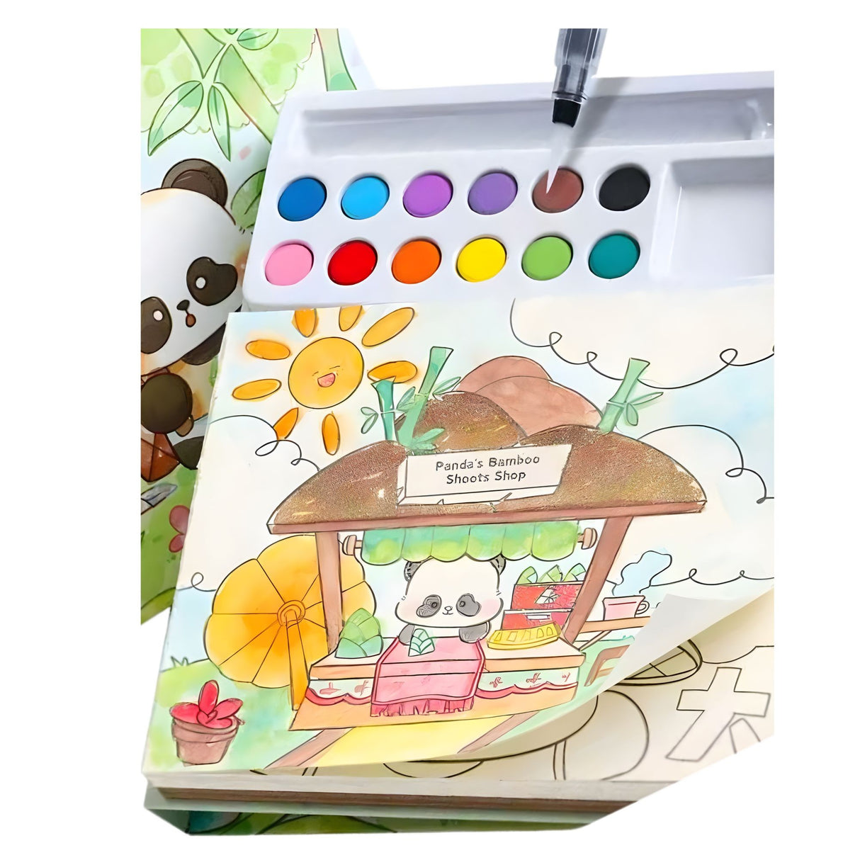 Set Carte de Colorat cu Acuarela, Flippy, Model Panda, 20 Foi de Carton 200 gr, 12 Culori, 1 Pensula, 15.7 x 18.8 x 1.8 cm, Verde