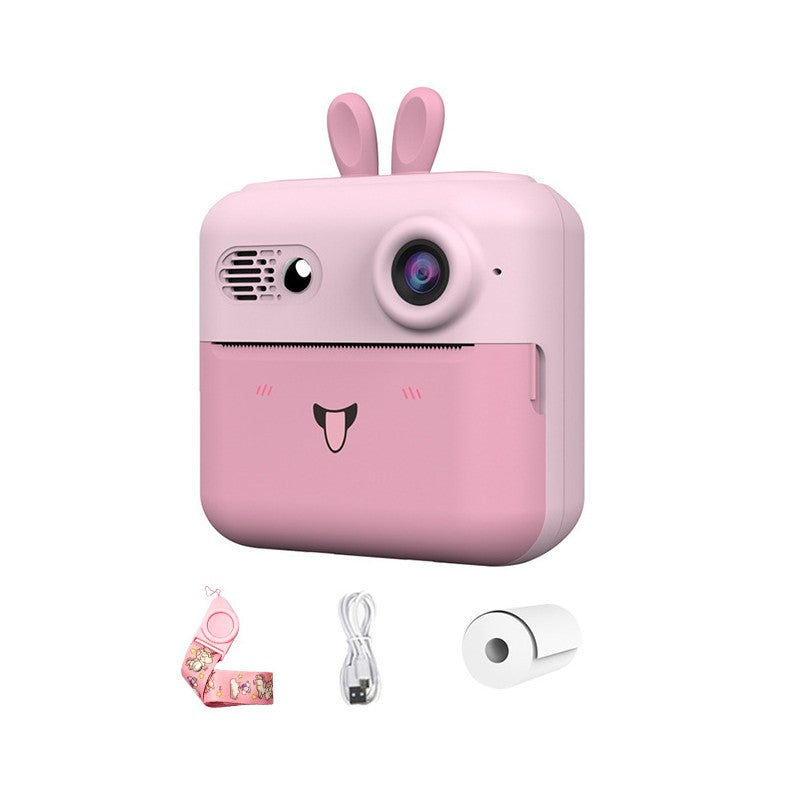 Set Camera Instantanee pentru Copii, Flippy, Ecran HD 2.4'', 24MP, 720P Video, 1200 mAh, cu Functie de Printare Alb-Negru, cablu USB-C, Bluetooth, Compatibil iOS/Android, Imprimare APP, Model Iepure, Roz - vivimall.ro