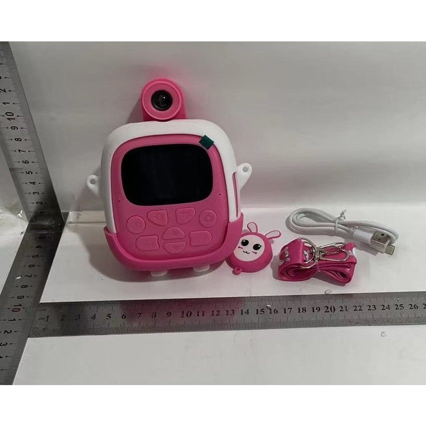 Set Camera Instantanee pentru Copii, Flippy, Ecran HD 2.4'', 24MP, 720P Video, 1200 mAh, cu Functie de Printare Alb-Negru, cablu USB-C, Bluetooth, Compatibil iOS/Android, Imprimare APP, Model Iepure Emoji, Roz - vivimall.ro