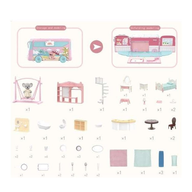 Set casa de papusi tip van, 2 in 1 autobuz si casa, 43 accesorii si mobilier, +3 ani, roz - vivimall.ro