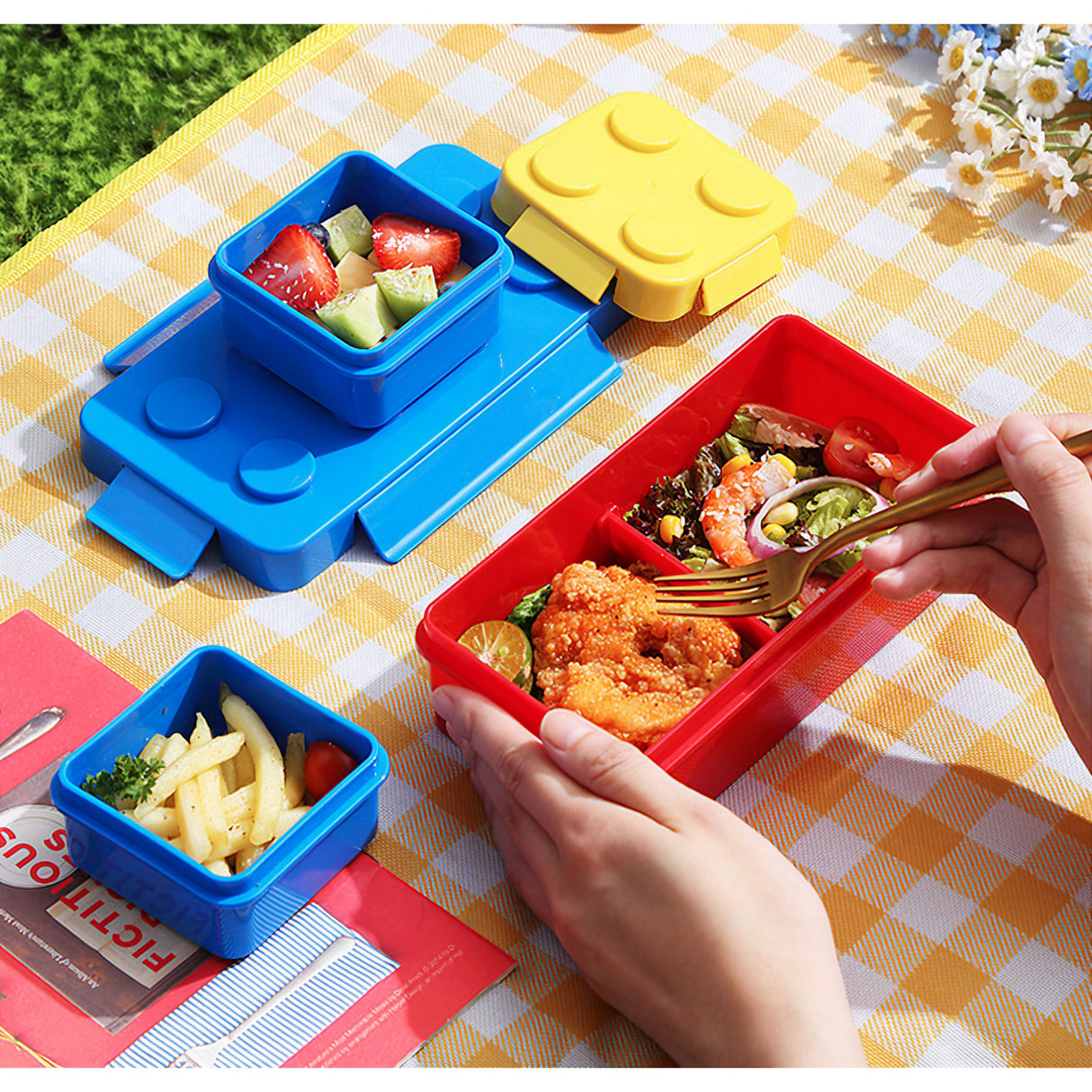 Set caserole pentru pranz interactive, Vivimall, cuburi de construit, plastic, multicolor - vivimall.ro