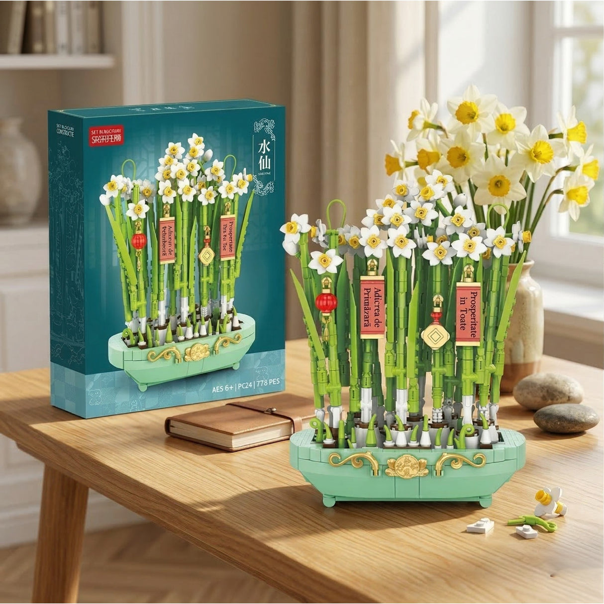 Set de Constructie, Flippy, Narcise Decorative cu Suport, 778 piese, 6+ ani, Planta Artificiala, Decor Floral de Birou, Idee de Cadou pentru Femei, Cadou pentru Iubita si Pasionatii de Jocuri de Constructie Creativa