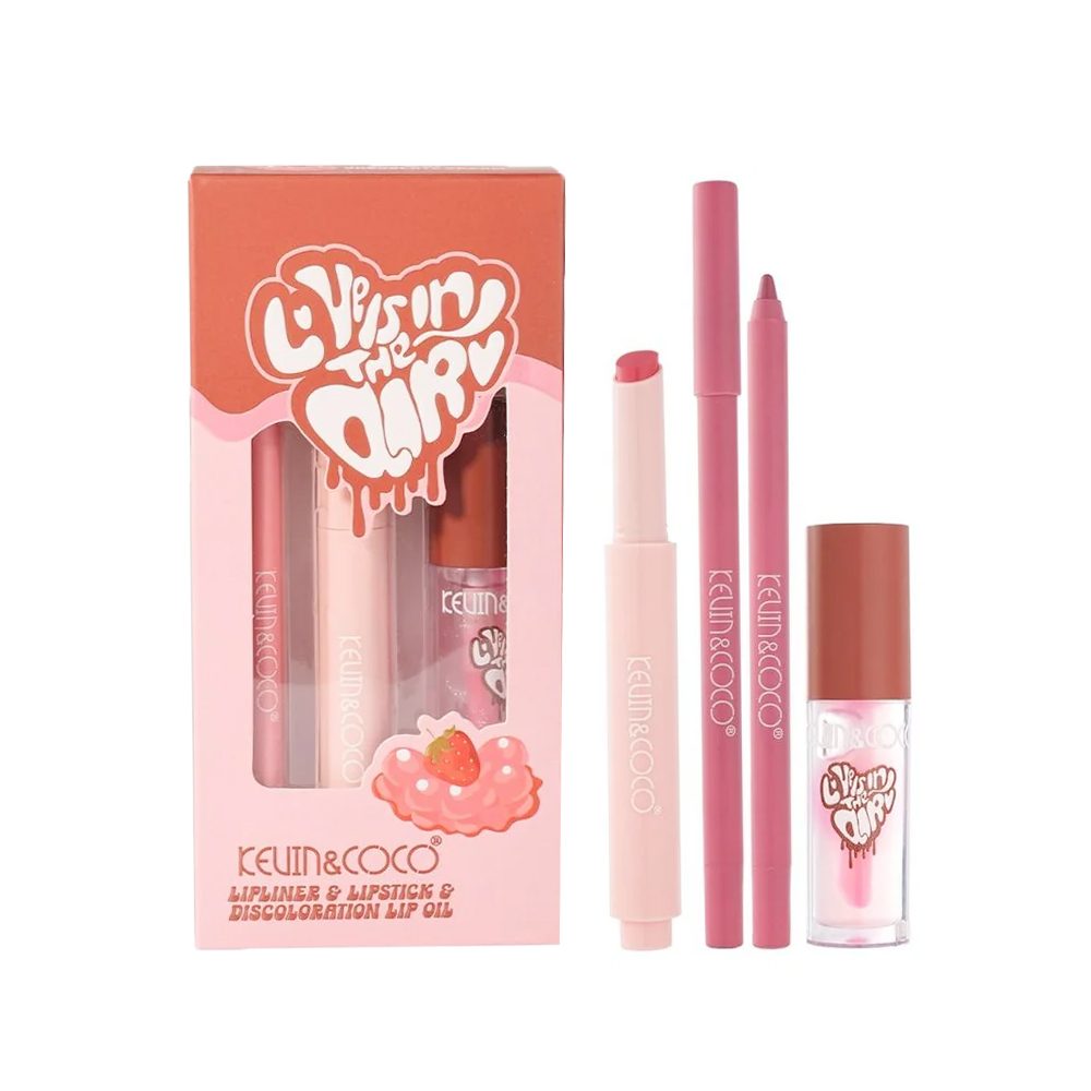 Set pentru Buze Kevin&Coco Love Is In The Air, Flippy, Ruj 2.5g, Creion Contur 1.5g, Luciu de Buze 2.8g, Efect Hidratant & Volum, Nuanta 01 Chocolate Cream