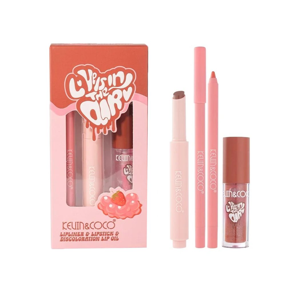 Set pentru Buze Kevin&Coco Love Is In The Air, Flippy, Ruj 2.5g, Creion Contur 1.5g, Luciu de Buze 2.8g, Efect Hidratant & Volum, Nuanta 02 Hot Chocolate