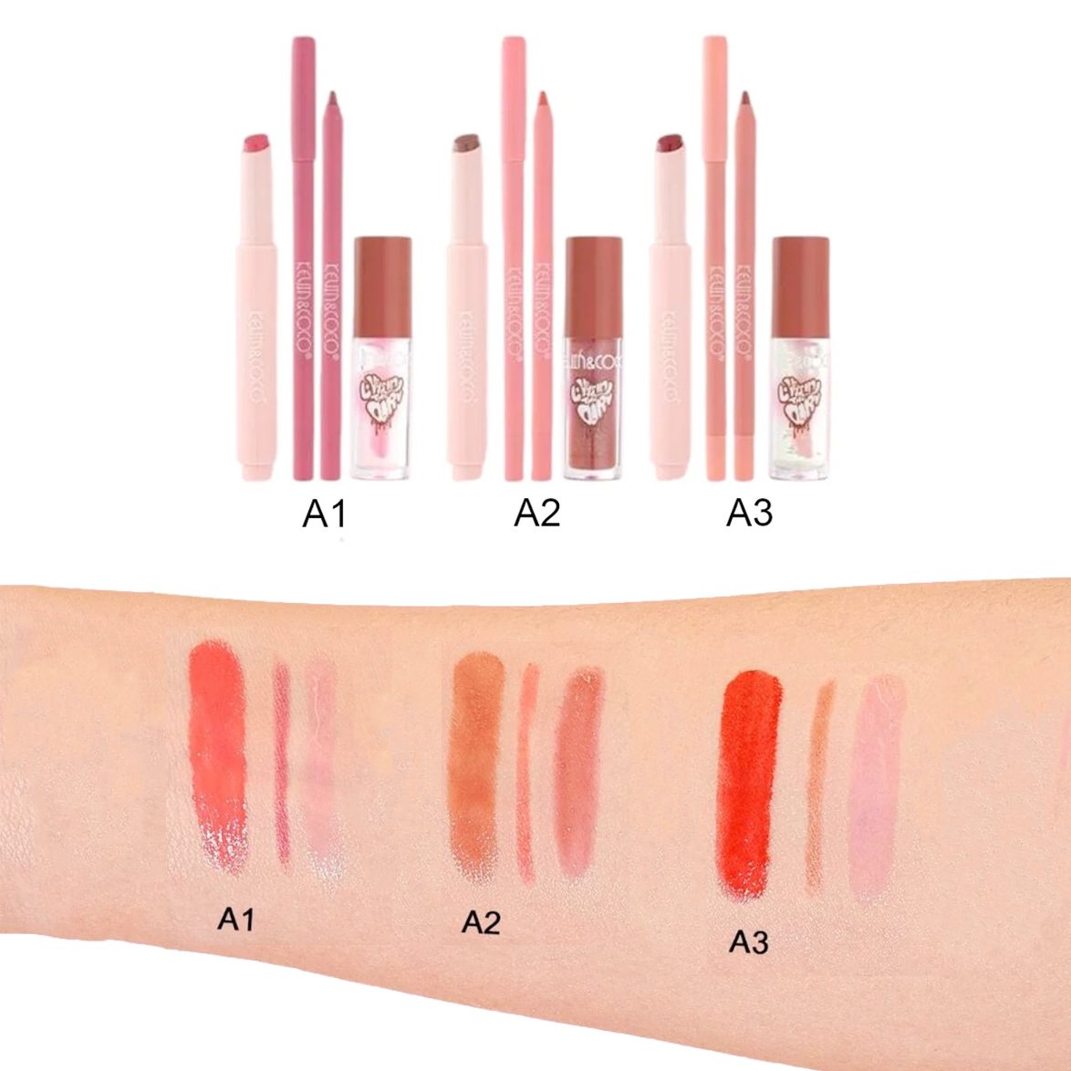 Set pentru Buze Kevin&Coco Love Is In The Air, Flippy, Ruj 2.5g, Creion Contur 1.5g, Luciu de Buze 2.8g, Efect Hidratant & Volum, Nuanta 02 Hot Chocolate