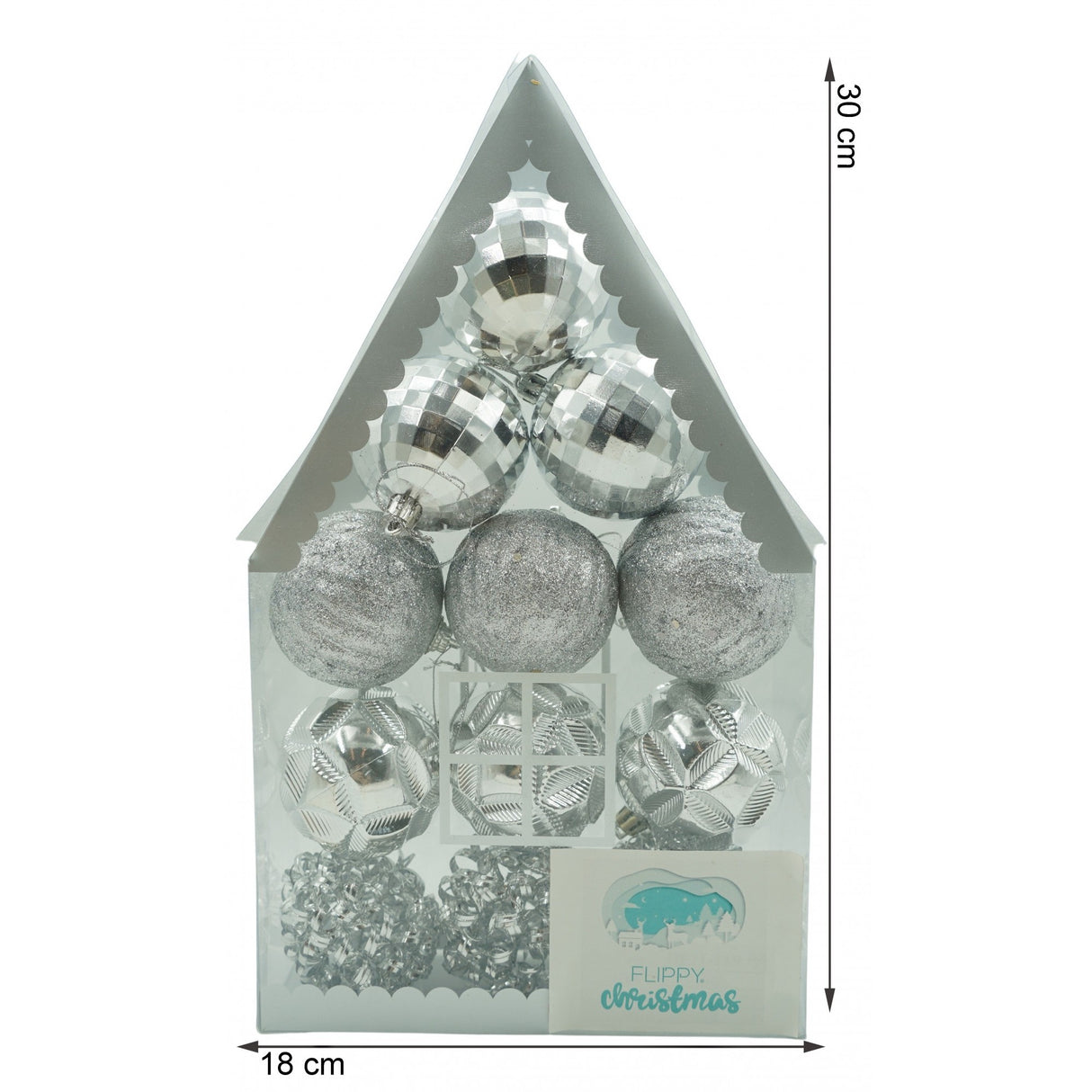 Set de 12 ornamente de brad, Vivimall, de tip Glob, Argintiu, din plastic, cu finisaj sclipitor , cutie 6 cm adancime x 30 cm inaltime x 18 cm lungime) - vivimall.ro