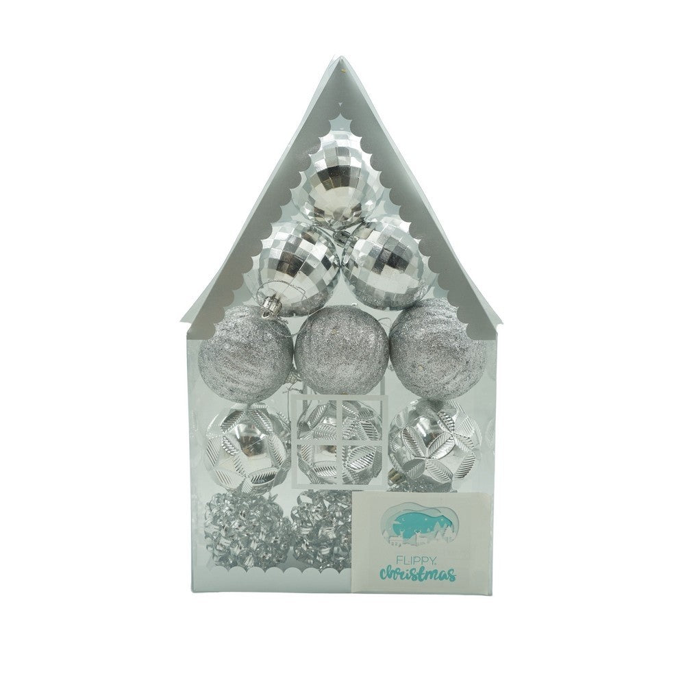 Set de 12 ornamente de brad, Vivimall, de tip Glob, Argintiu, din plastic, cu finisaj sclipitor , cutie 6 cm adancime x 30 cm inaltime x 18 cm lungime) - vivimall.ro