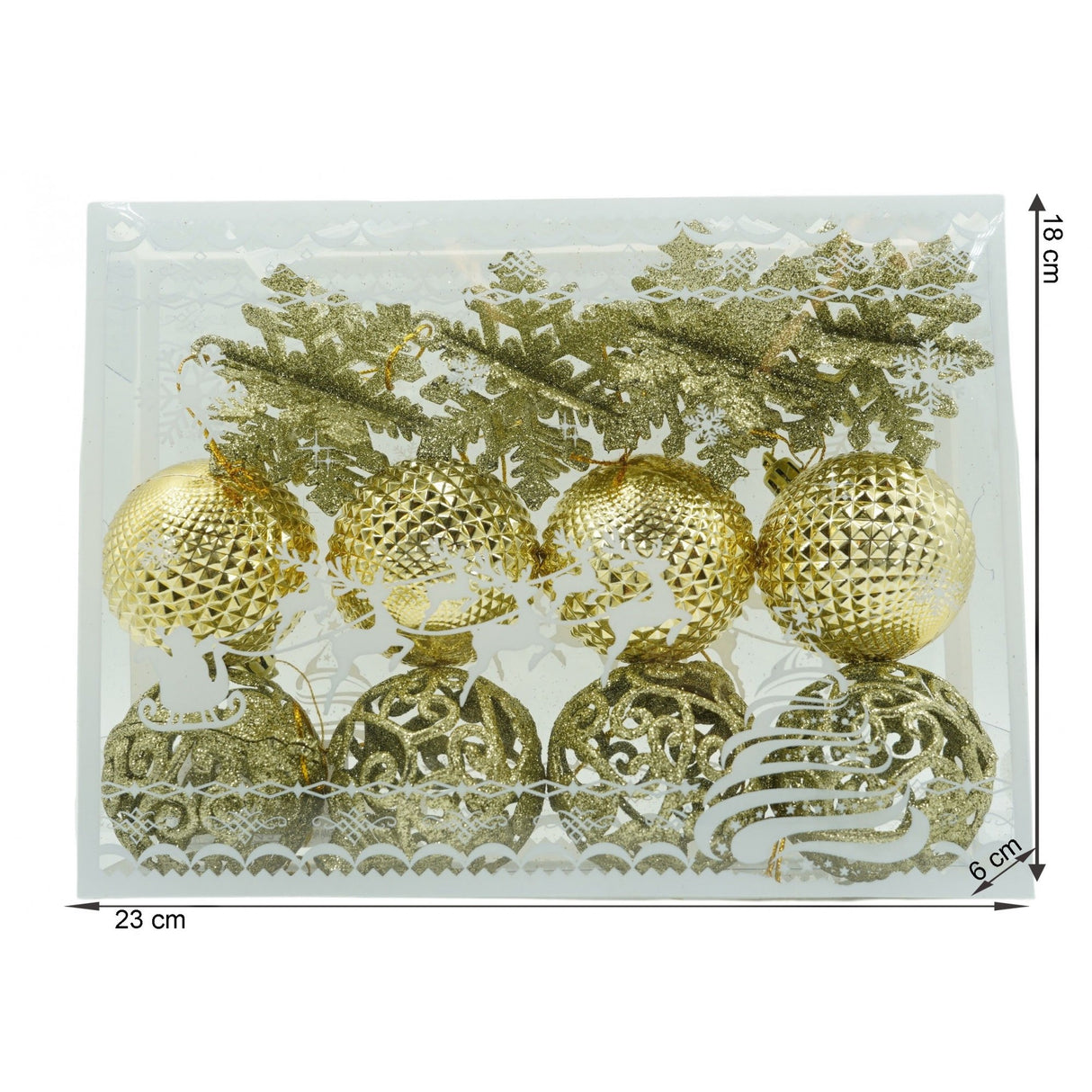 Set de 12 ornamente de brad, Vivimall, de tip Glob, Auriu, din plastic, cu finisaj sclipitor , cutie 6 cm adancime x 23 cm lungime x 18 cm inaltime - vivimall.ro