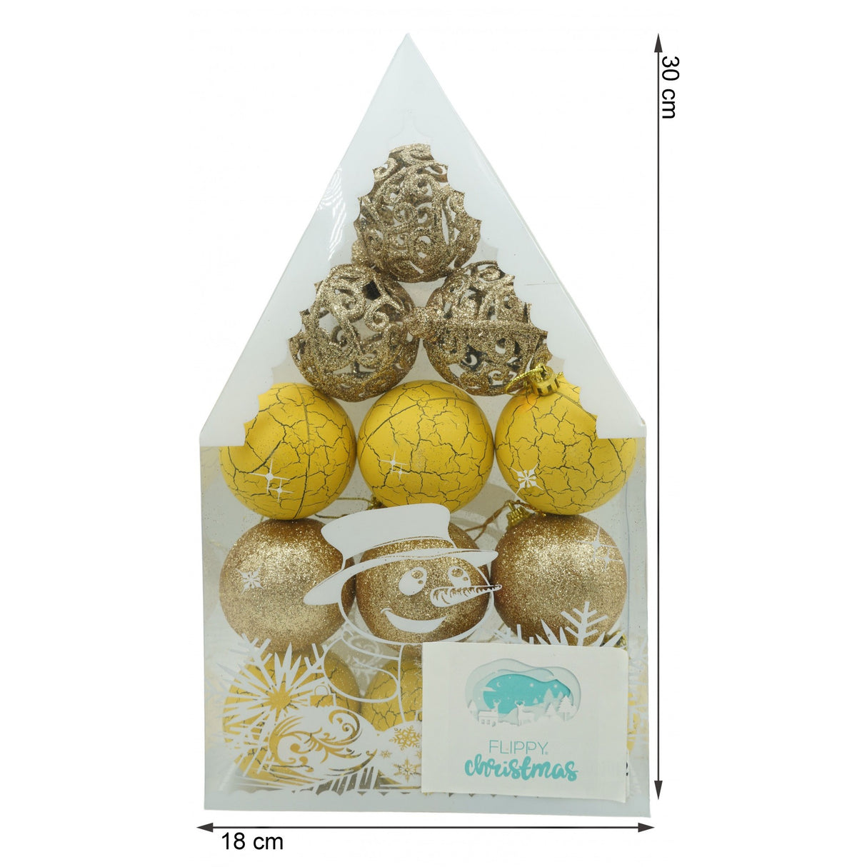 Set de 12 ornamente de brad, Vivimall, de tip Glob, Auriu/ Galben, din plastic, cu finisaj sclipitor , cutie 6 cm adancime x 30 cm inaltime x 18 cm lungime) - vivimall.ro