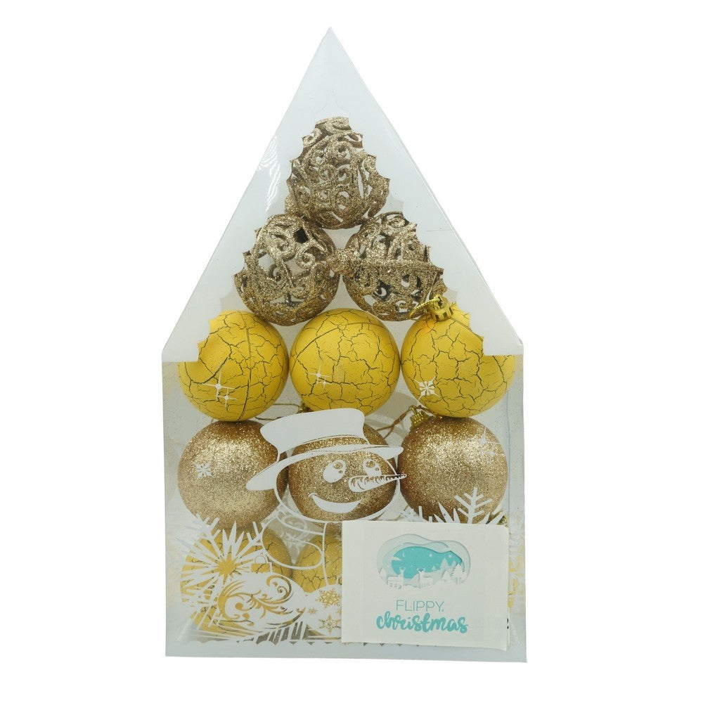 Set de 12 ornamente de brad, Vivimall, de tip Glob, Auriu/ Galben, din plastic, cu finisaj sclipitor , cutie 6 cm adancime x 30 cm inaltime x 18 cm lungime) - vivimall.ro