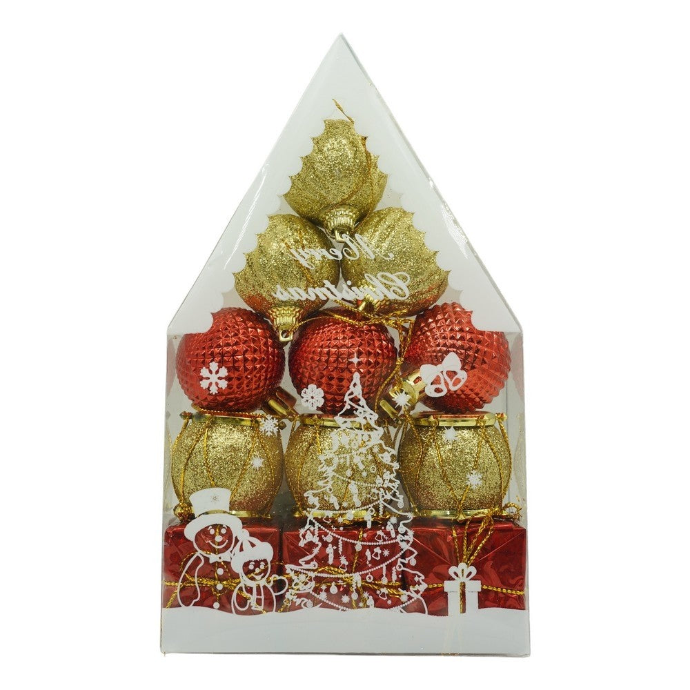 Set de 12 ornamente de brad, Vivimall, de tip Glob, Rosu/ Auriu, din polistiren, cu finisaj sclipitor , cutie 4 cm adancime x 20 cm inaltime x 12 cm lungime) - vivimall.ro