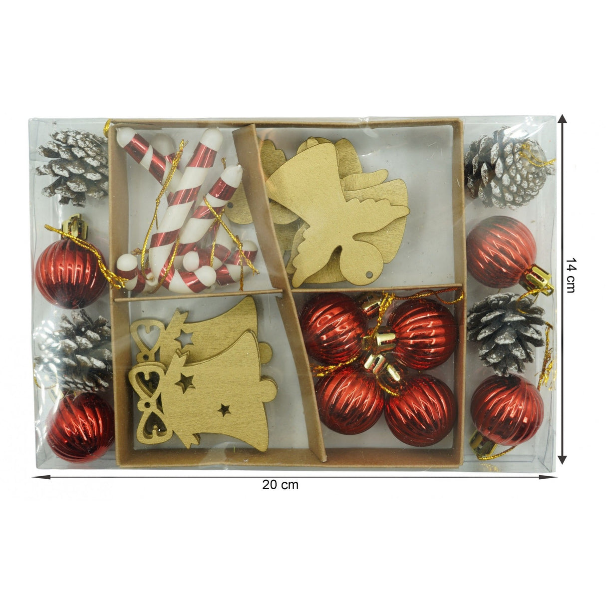 Set de 24 ornamente de brad, Vivimall, de tip Glob, Multicolor, din polistiren, cu finisaj sclipitor , cutie 3 cm adancime x 20 cm lungime x 14 cm inaltime - vivimall.ro