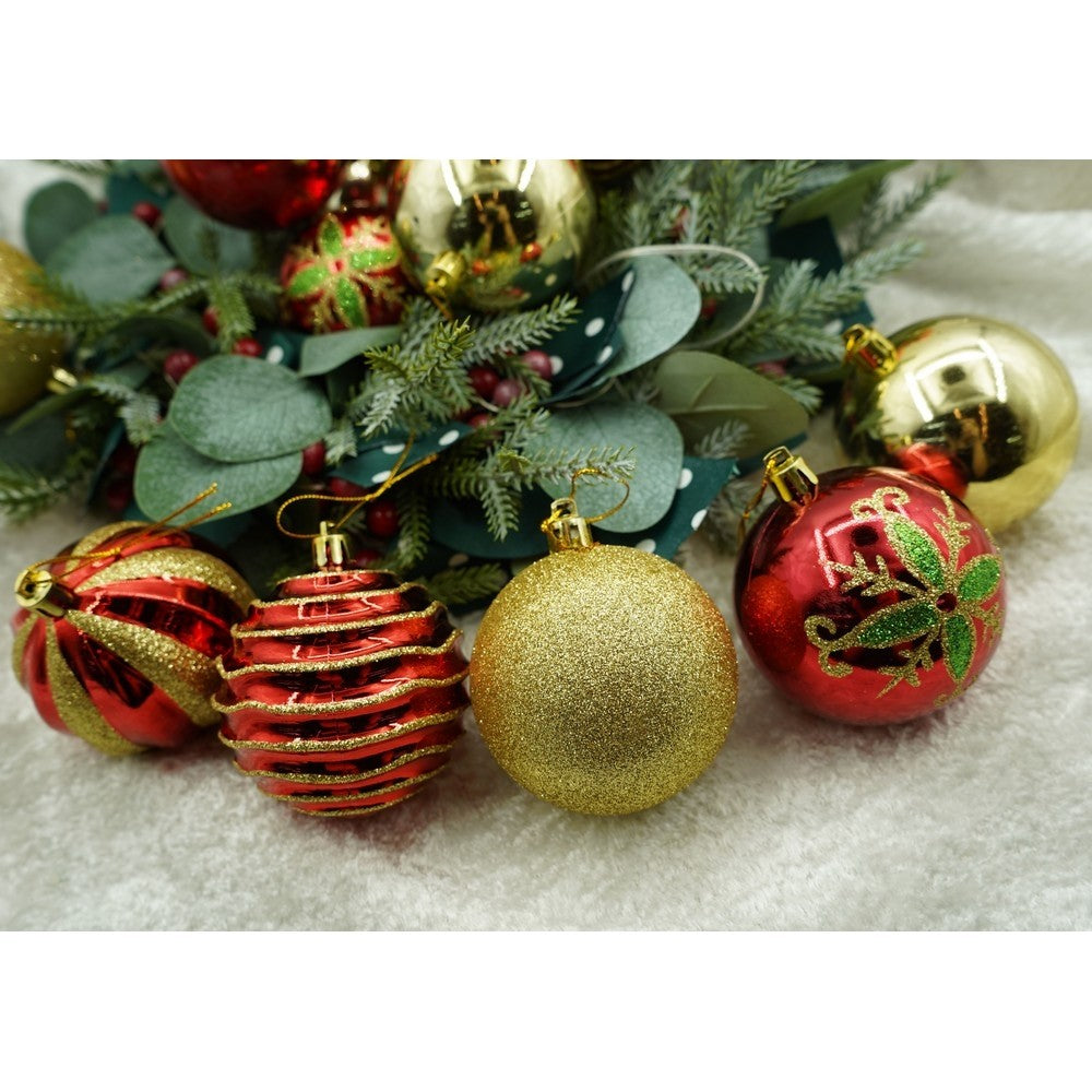 Set de 24 ornamente de brad, Flippy, de tip Glob, Rosu/ Auriu, cu ø de 7 cm, din plastic, cu finisaj sclipitor , cutie 16 cm lungime x 36 cm inaltime x 16 cm adancime - vivimall.ro