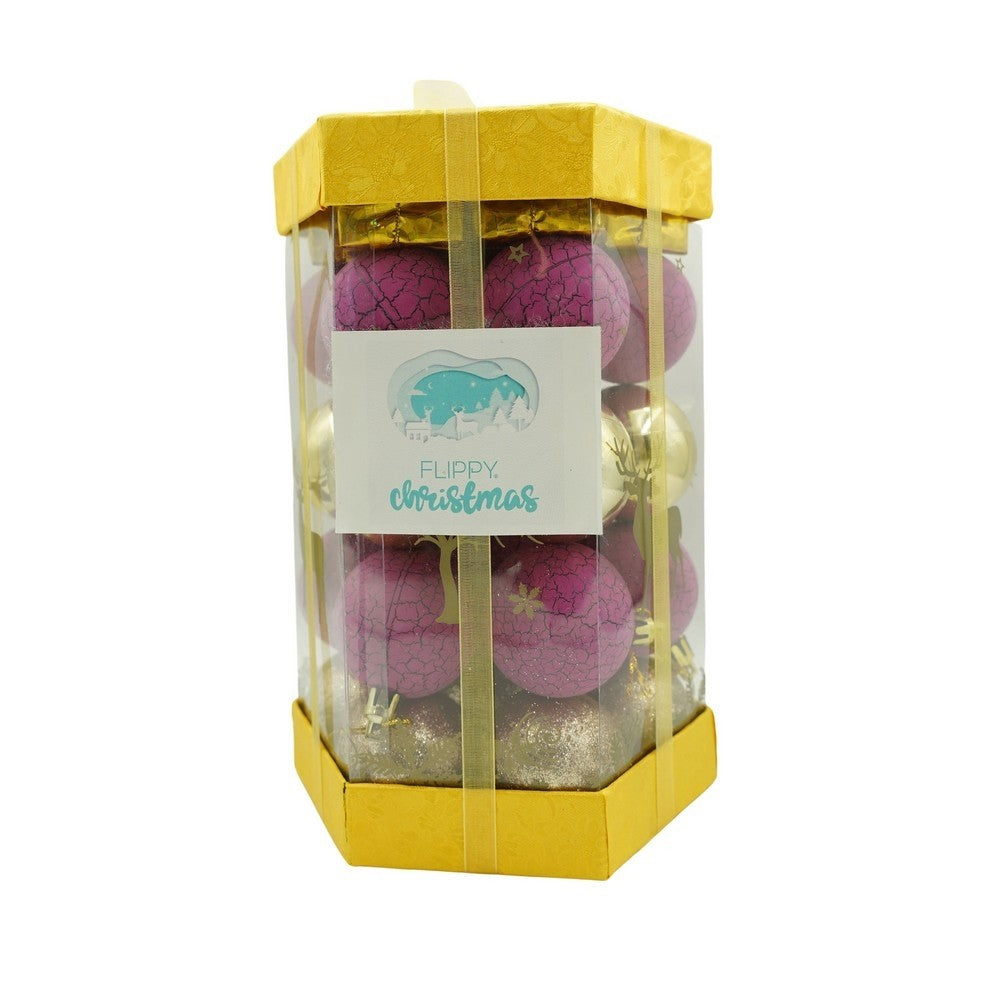 Set de 35 ornamente de brad, Vivimall, de tip Glob, Auriu/ Mov, din polistiren, cu finisaj sclipitor , cutie 14 cm adancime x 23 cm inaltime x 14 cm lungime) - vivimall.ro