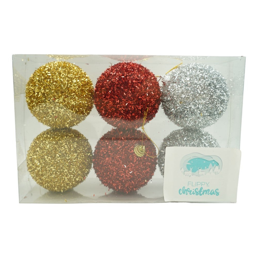 Set de 6 ornamente de brad, Vivimall, de tip Glob, Multicolor, cu ø de 8 cm, din polistiren, cu finisaj sclipitor , cutie 16 cm inaltime x 24 cm lungime x 8 cm adancime - vivimall.ro