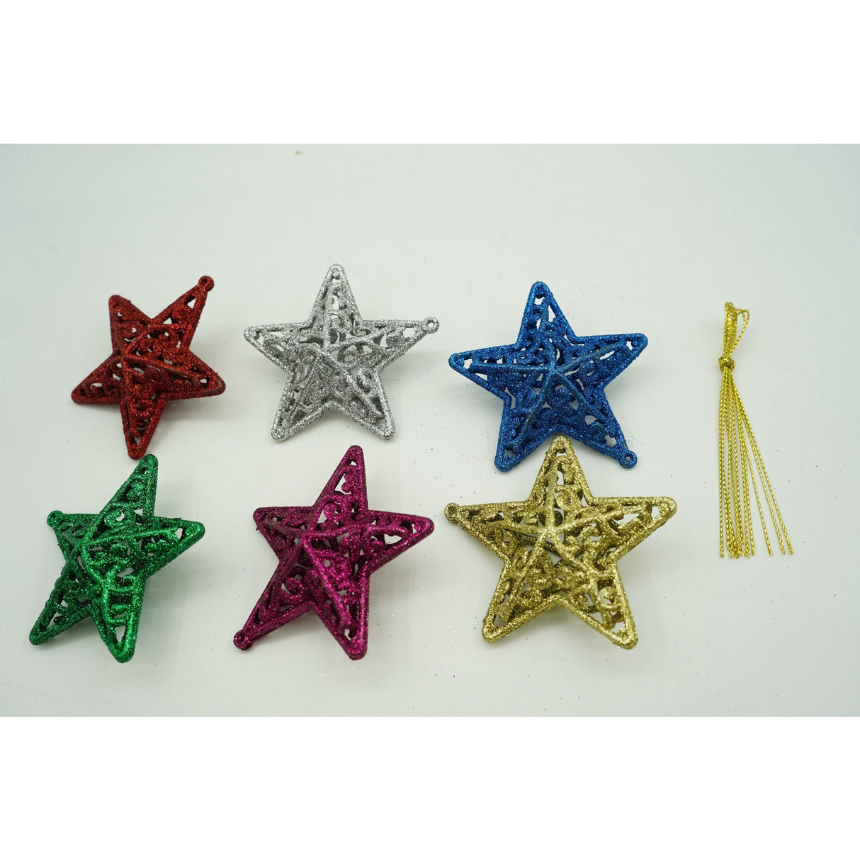 Set de 6 ornamente de brad, Vivimall, de tip Stea, Multicolor, din plastic, cu finisaj sclipitor , cutie 3 cm adancime x 31 cm lungime x 9 cm inaltime - vivimall.ro