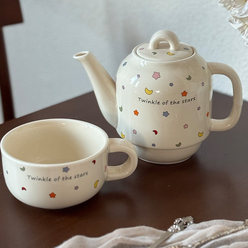 Set de Ceai, Vivimall, Ceainic cu Ceasca pentru Uz Casnic, Stele cu Luna, Set de Ceai pentru Copii, Adulti, 18 x 17 x 13 cm, Alb Crem - vivimall.ro