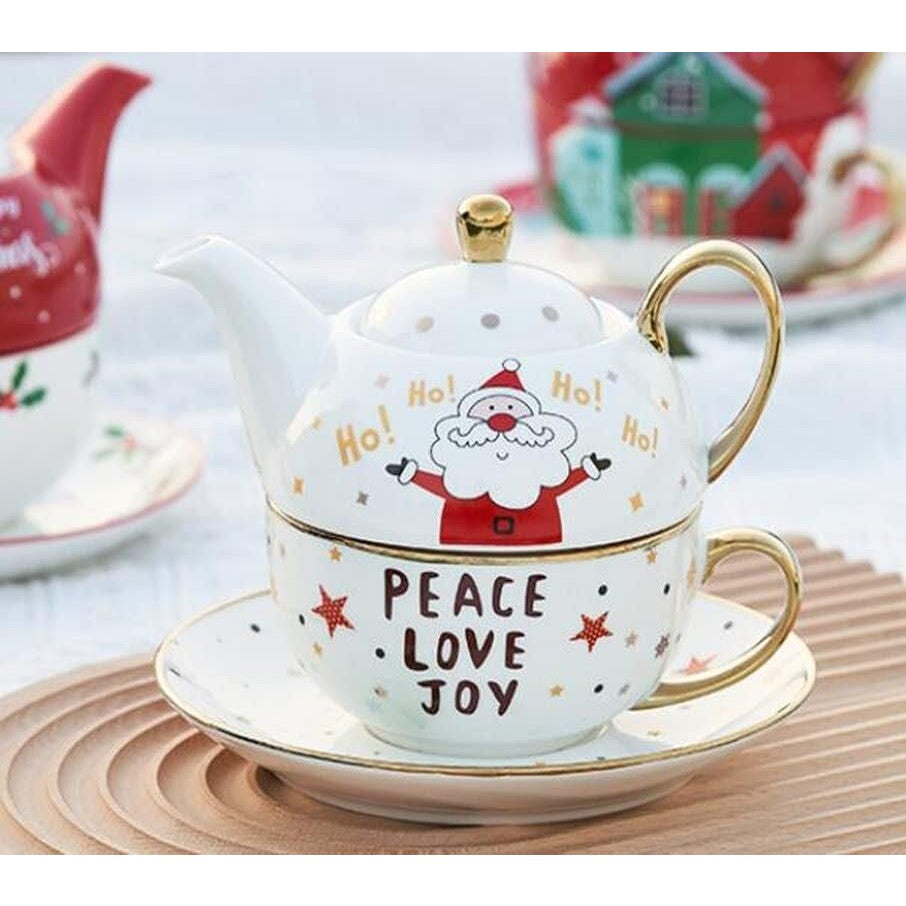 Set de Ceai, Vivimall, Tema Craciun, Ceainic 420 ml, Cana 310 ml, Farfurie, din Portelan, Model Mos Craciun, Alb - vivimall.ro