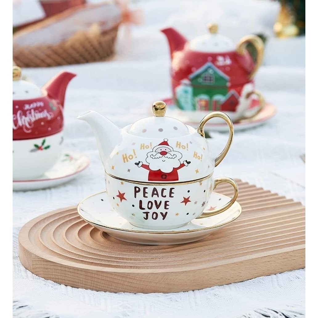 Set de Ceai, Vivimall, Tema Craciun, Ceainic 420 ml, Cana 310 ml, Farfurie, din Portelan, Model Mos Craciun, Alb, Resigilat - vivimall.ro