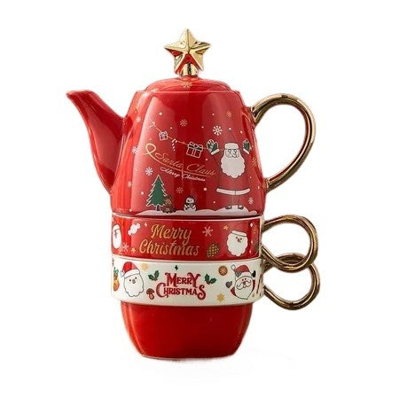 Set de Ceai, Vivimall, Tema Craciun, Ceainic 450 ml, 2 Cani 250 ml, Model Mos Craciun, Rosu - vivimall.ro
