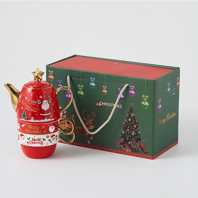 Set de Ceai, Flippy, Tema Craciun, Ceainic 450 ml, 2 x Cani 250 ml, din Ceramica, Model Brad, Verde/Turcoaz - vivimall.ro
