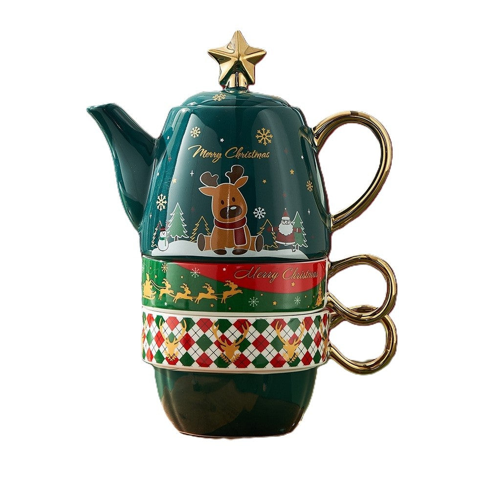 Set de Ceai, Flippy, Tema Craciun, Ceainic 450 ml, 2 x Cani 250 ml, din Ceramica, Model Ren, Verde/Turcoaz - vivimall.ro