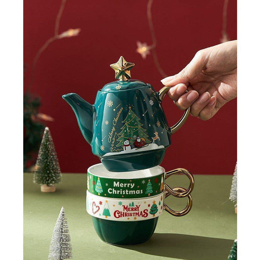 Set de Ceai, Flippy, Tema Craciun, Ceainic 450 ml, 2 x Cani 250 ml, din Ceramica, Model Ren, Verde/Turcoaz - vivimall.ro