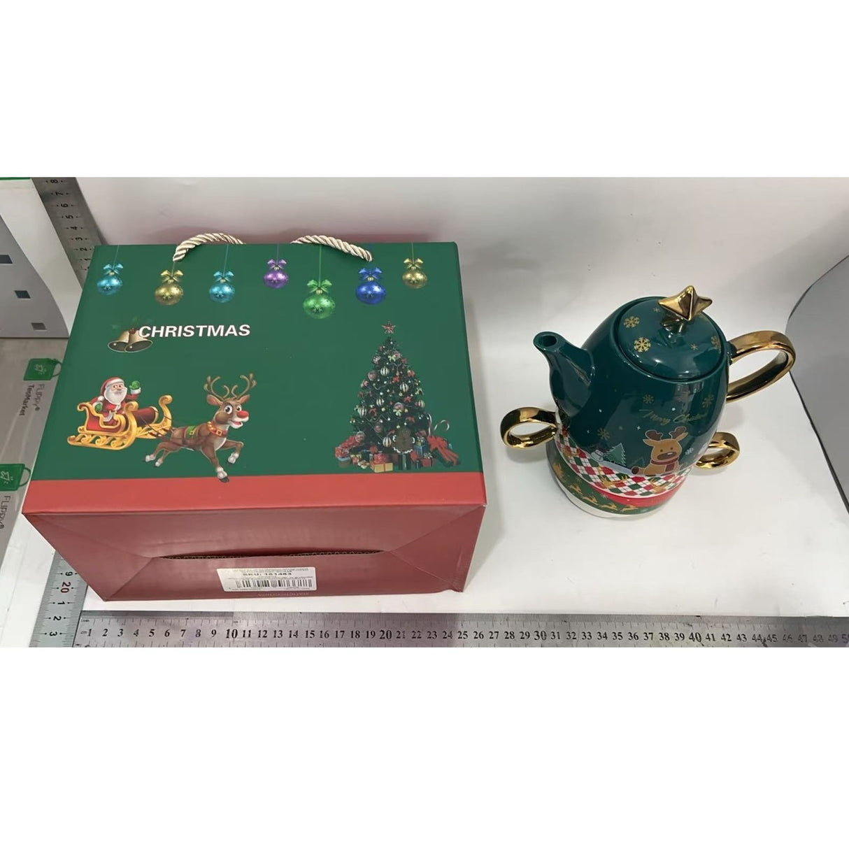 Set de Ceai, Flippy, Tema Craciun, Ceainic 450 ml, 2 x Cani 250 ml, din Ceramica, Model Ren, Verde/Turcoaz - vivimall.ro