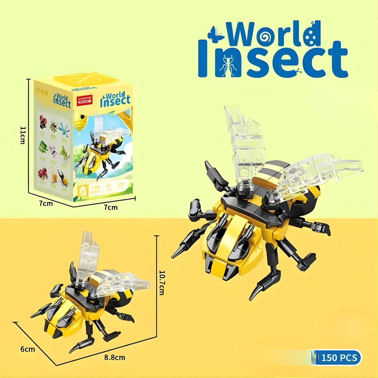 Set de Constructie, Flippy, Model Bondar, Lumea Insectelor Mini, 150 Piese, Model 3D, Jucarie Educativa STEM, +6 Ani, Plastic ABS, 11 x 7 x 7 cm, Negru/Galben - vivimall.ro
