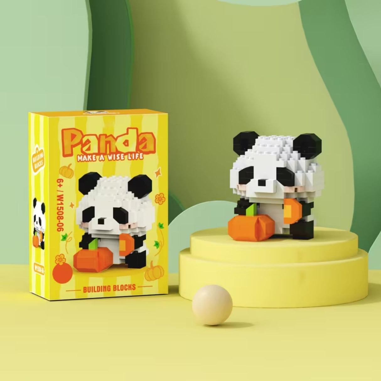 Set de Constructie, Flippy, Model Panda cu Dovleac, 171 Piese, Model 3D, Jucarie Educativa STEM, +6 Ani, Plastic ABS, 7.8 x 4.1 x 11.3 cm, Galben - vivimall.ro