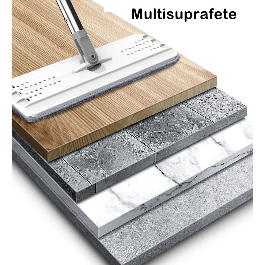 Set de curatenie Vivimall, mop si galeata, galeata 5.7 l, 4 rezerve microfibra incluse, design modern, pentru interior, material plastic, peri sintetici, plat, cu storcere, alb - vivimall.ro