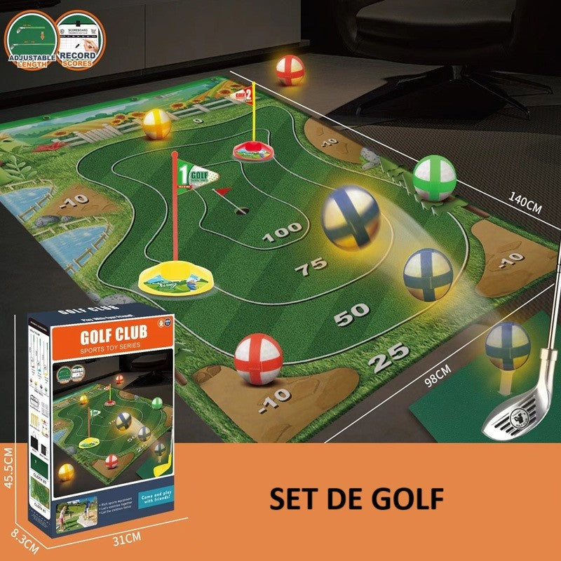 Set de Golf, Vivimall, Interactiune Parinte-Copil, Covor de Golf, 140 x 98 cm, 4 Mingii cu Scai, 3 Crose Reglabile, Model B, +3 Ani, Multicolor - vivimall.ro