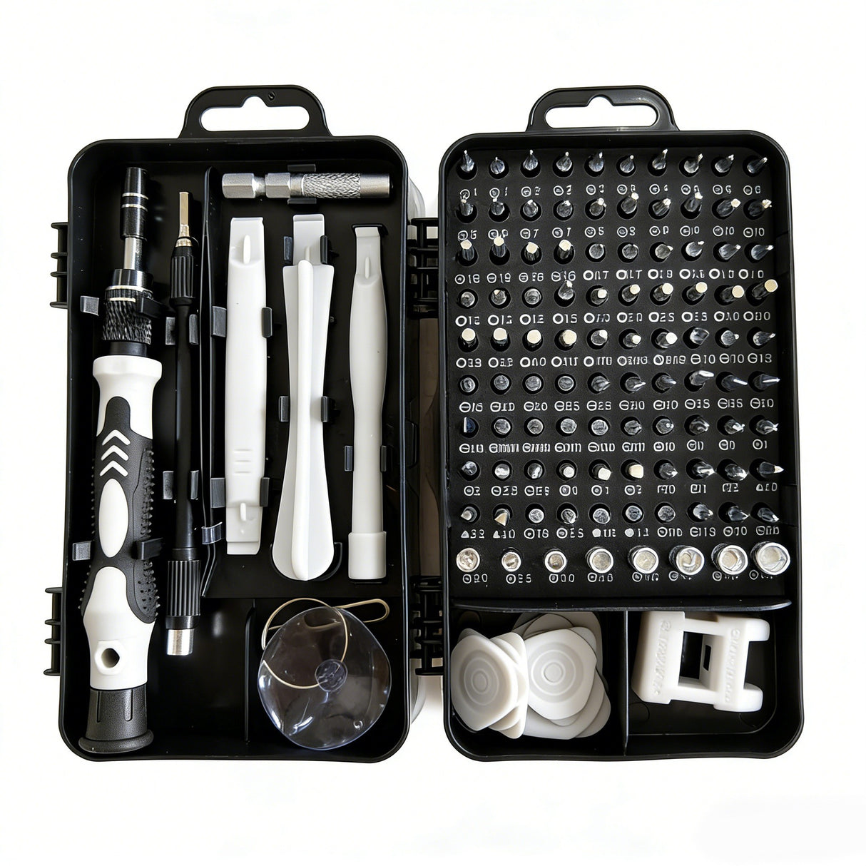 Surubelnite pentru Reparea Telefoanelor, Flippy, Set 115-in-1 Cromate, Demontarea Repararea Ceasurilor, Electronicelor Mici, Maner detalii Albe, 18 x 11 x 6 cm, Negru