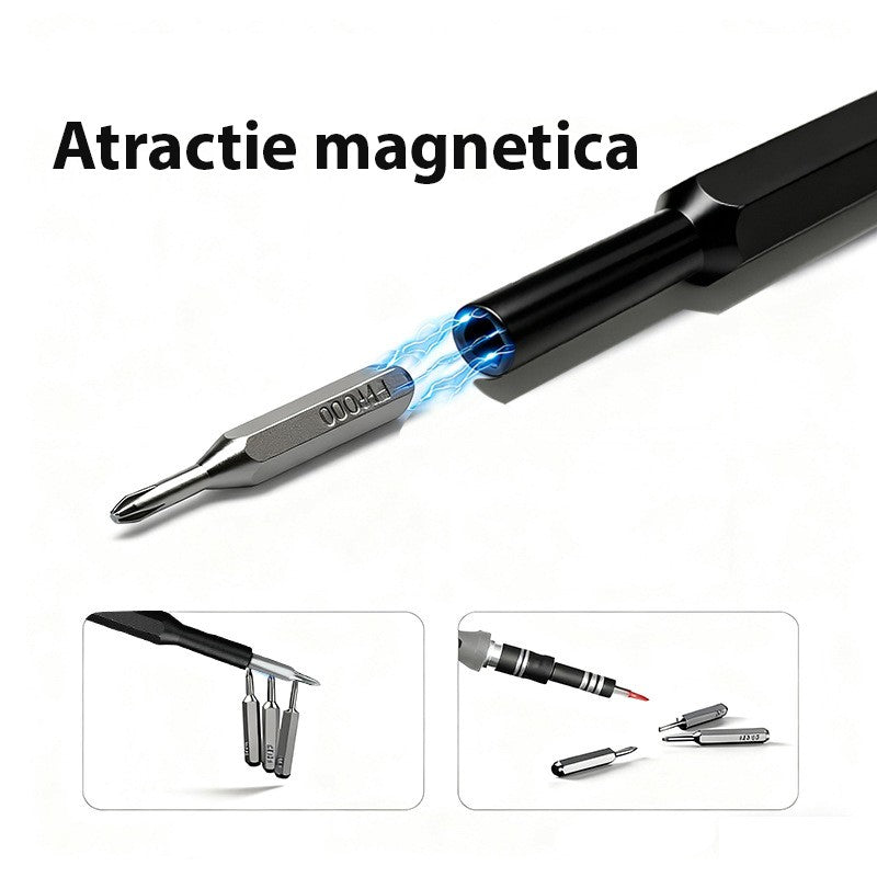 Set de Surubelnite 24-in-1 cu Clichet, Flippy, Set de Uz Casnic pentru Repararea Electronicelor Mici, Maner durabil Negru, 26.5 x 15 x 1.5 cm, Negru