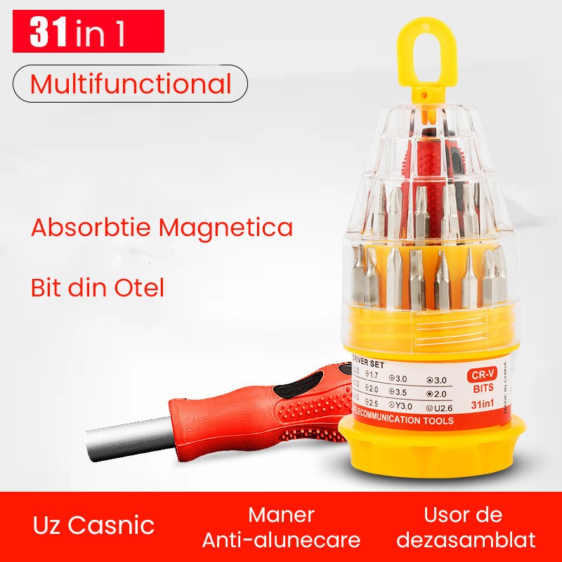 Set de Surubelnite 31-in-1 cu Clichet, Flippy, Set de Uz Casnic pentru Repararea Electronicelor Mici, Maner durabil Izolat Magnetic, 10 x 5 x 5 cm, Galben