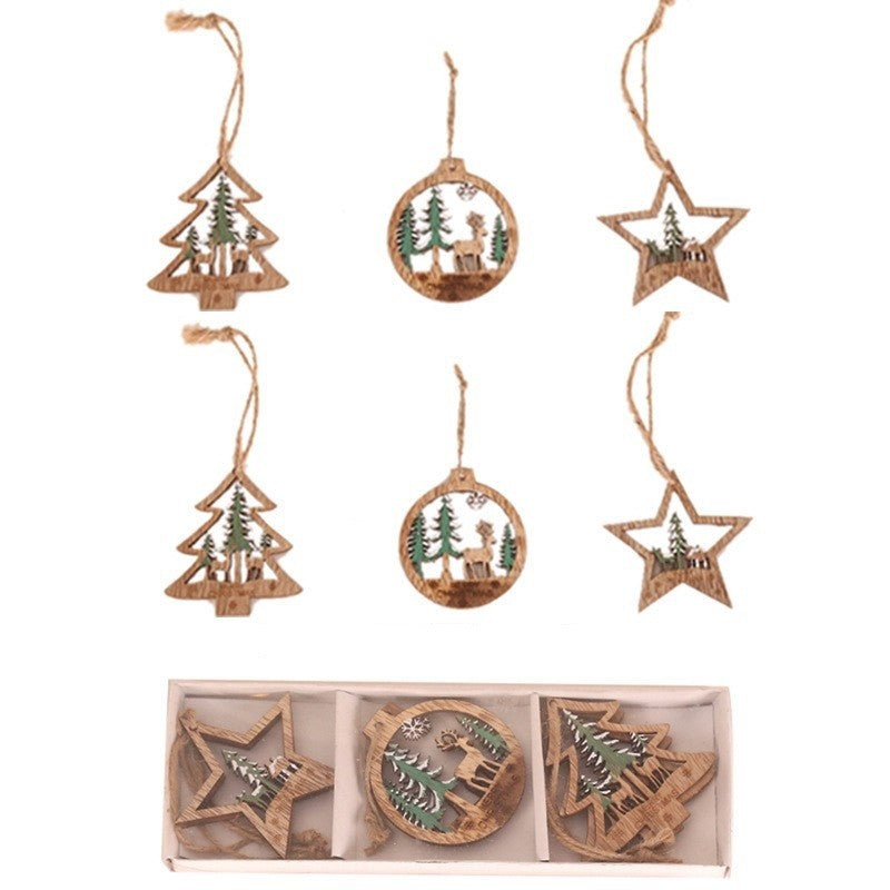 Set 6 Decoratiuni de Craciun din Lemn, Vivimall, cu Snur pentru Agatare in Brad, Model Brad, Glob si Steluta, Verde - vivimall.ro