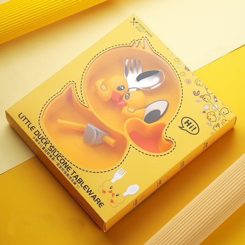 Set diversificare bebelusi Vivimall, din silicon, 20 x 17.5 cm, 1 farfurie compartimentata in forma de rata, lingurita si furculita, pai, perie pai, fara alergeni, ventuza fixare, forma creativa, galben - vivimall.ro