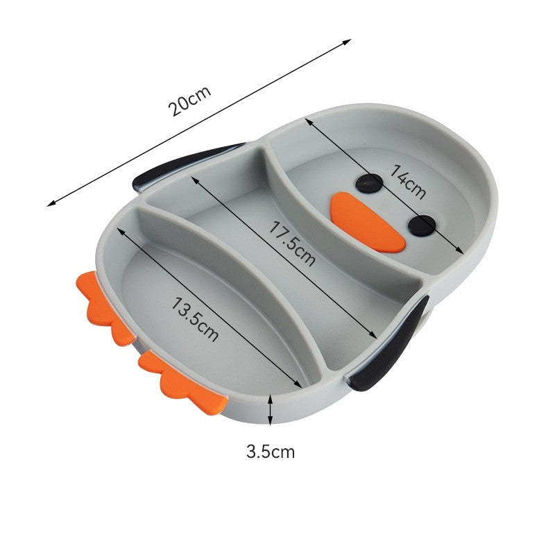 Set diversificare bebelusi Vivimall, din silicon, 23.5 x 12.5 cm, 1 farfurie compartimentata in forma de pinguin, lingurita si furculita, pai, perie pai, fara alergeni, ventuza fixare, forma creativa, gri - vivimall.ro