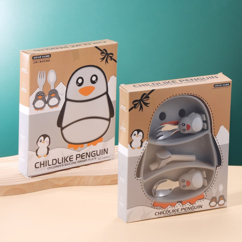 Set diversificare bebelusi Vivimall, din silicon, 23.5 x 12.5 cm, 1 farfurie compartimentata in forma de pinguin, lingurita si furculita, pai, perie pai, fara alergeni, ventuza fixare, forma creativa, gri - vivimall.ro